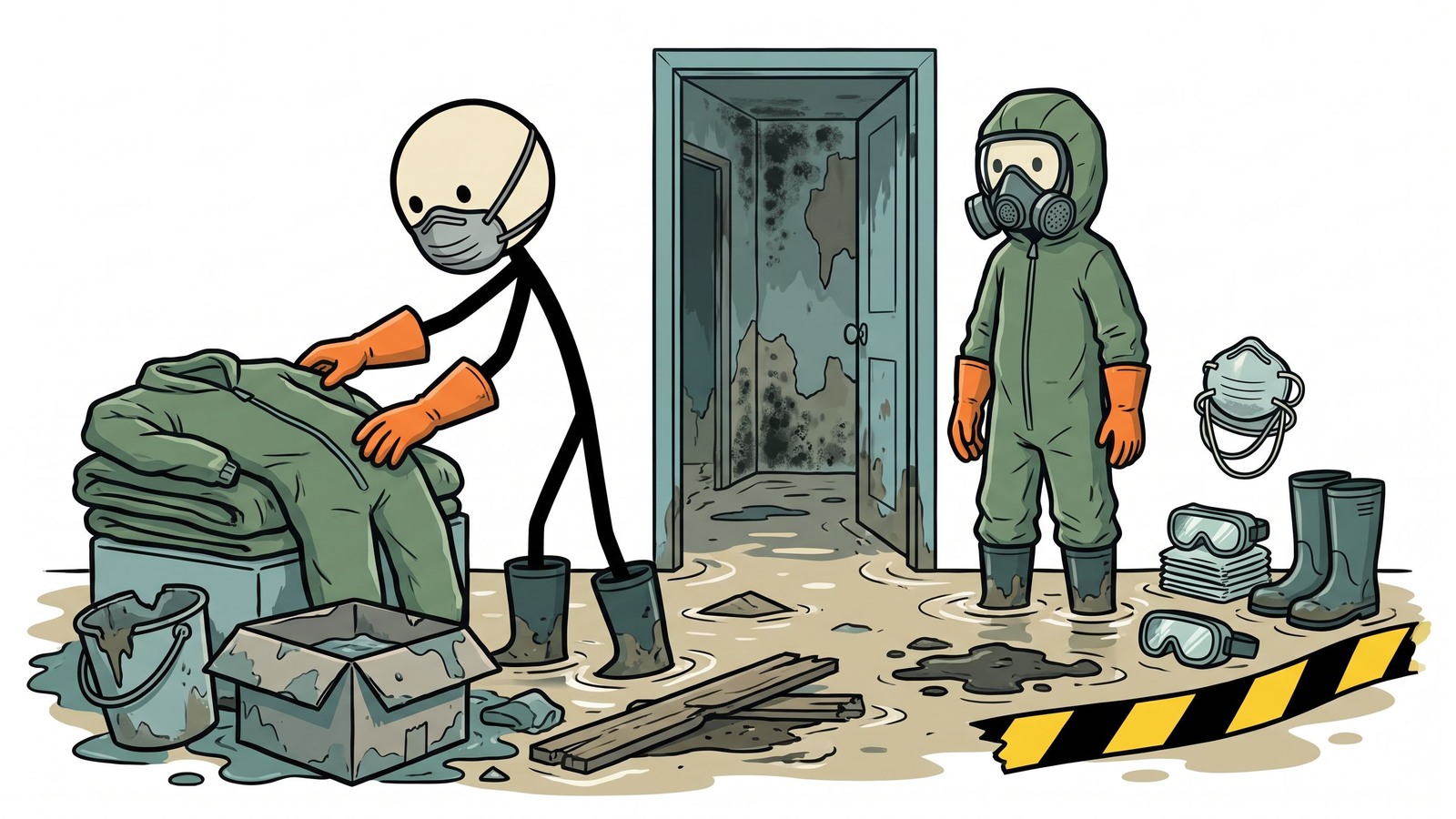 Ilustracja w stylu SC do kompleksowego przewodnika przetrwania, jak bezpiecznie odzyskać dom po powodzi, skupiającego się na identyfikacji zagrożeń strukturalnych, zapobieganiu wzrostowi toksycznej pleśni i realizacji protokołu dezynfekcji krok po kroku.