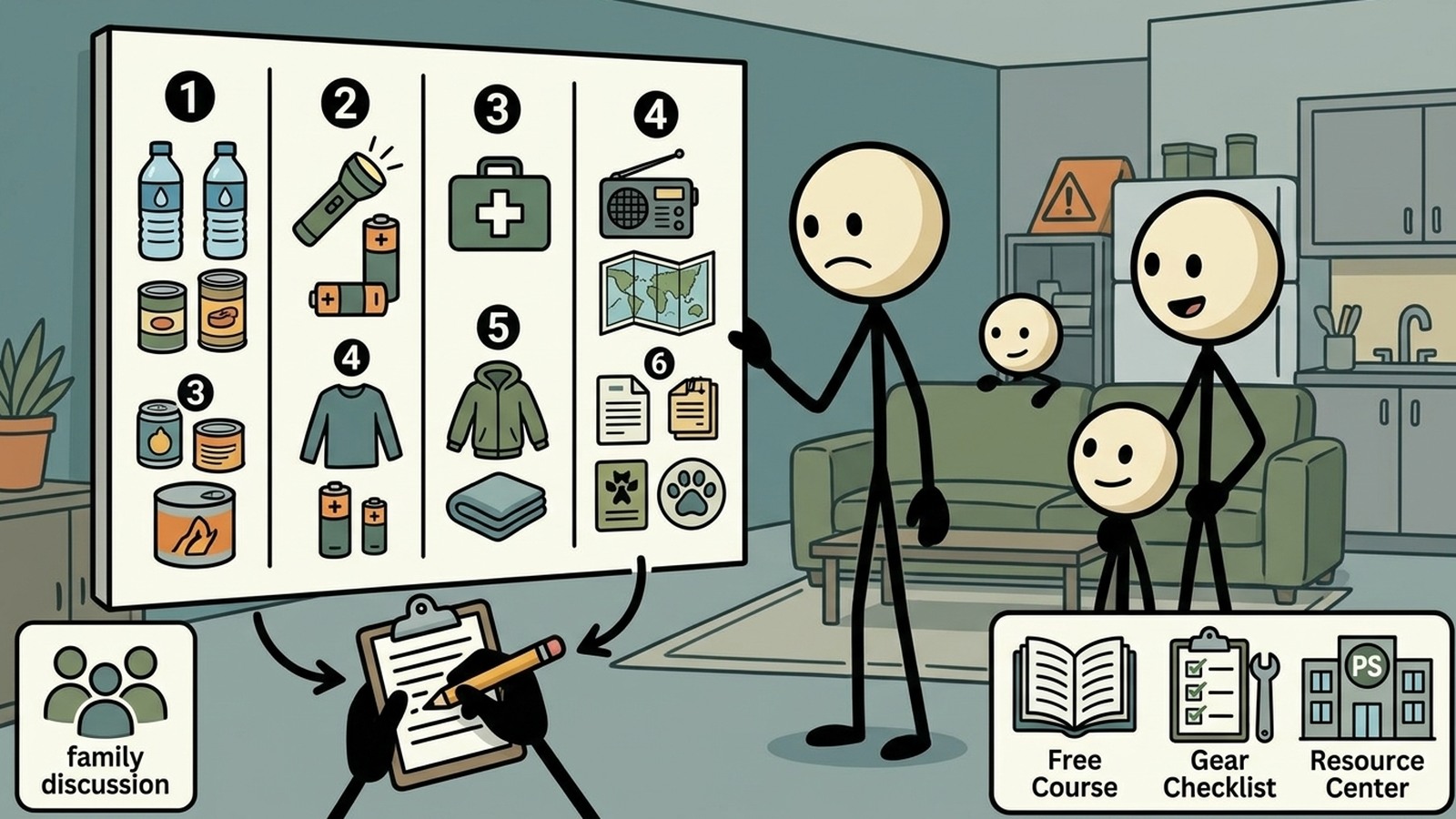 Ilustracja w stylu SC dla praktycznego centrum listy kontrolnej gotowości awaryjnej dla początkujących dla normalnych rodzin. Wyjaśnij, jak zacząć przygotowania bez strachu i ram opartych na strachu. Dołącz listę kontrolną awaryjną do wydrukowania, 6-tygodniowy plan startowy, podstawy przewodnika dla początkujących preppersów, ograniczenia małych mieszkań i rodzin, oraz bezpośrednie następne kroki do narzędzi Protocol Survival, bezpłatnego kursu, przewodnika gotowości awaryjnej i odpowiednich kursów.