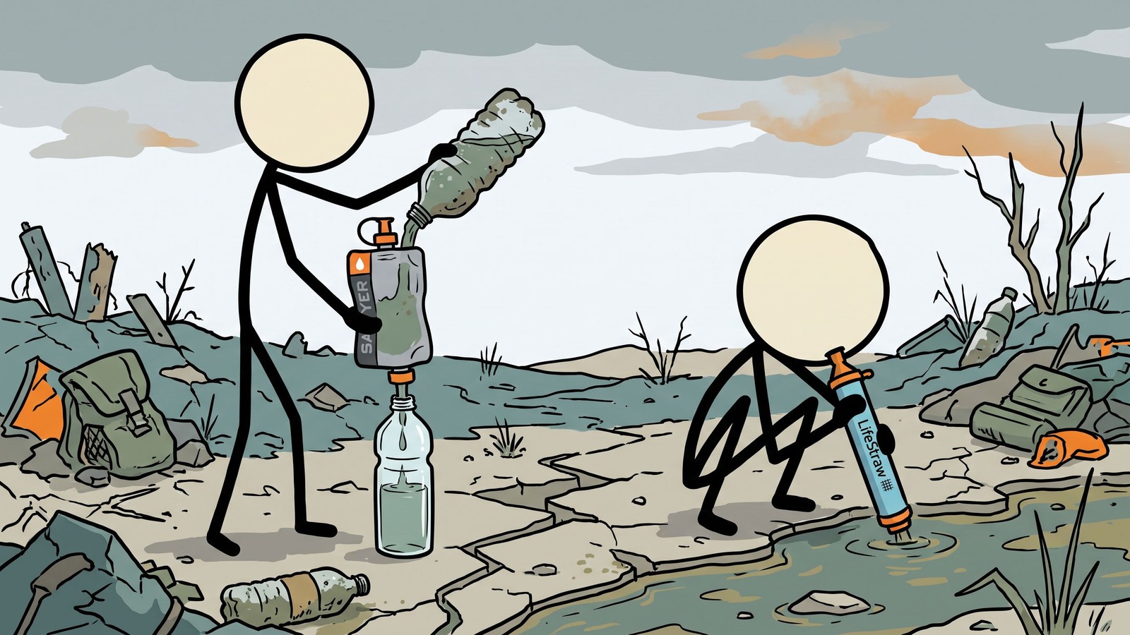 Ilustracja awaryjnego użycia filtra wody Sawyer Squeeze i LifeStraw
