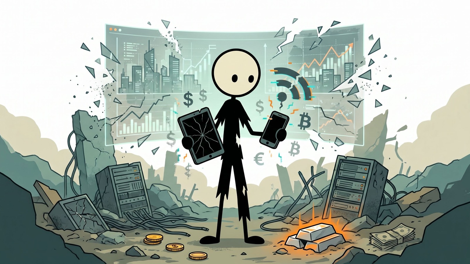 Ilustracja w stylu SC do tego postu analizuje rzeczywistą użyteczność i wartość wymiany metali szlachetnych w porównaniu z walutą fiducjarną na różnych etapach załamania gospodarczego lub awarii sieci.