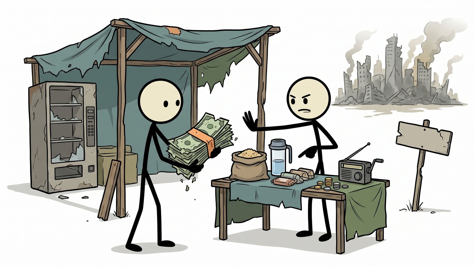 Ilustracja w stylu SC do tego postu analizuje rzeczywistą użyteczność i wartość wymiany metali szlachetnych w porównaniu z walutą fiducjarną na różnych etapach załamania gospodarczego lub awarii sieci.