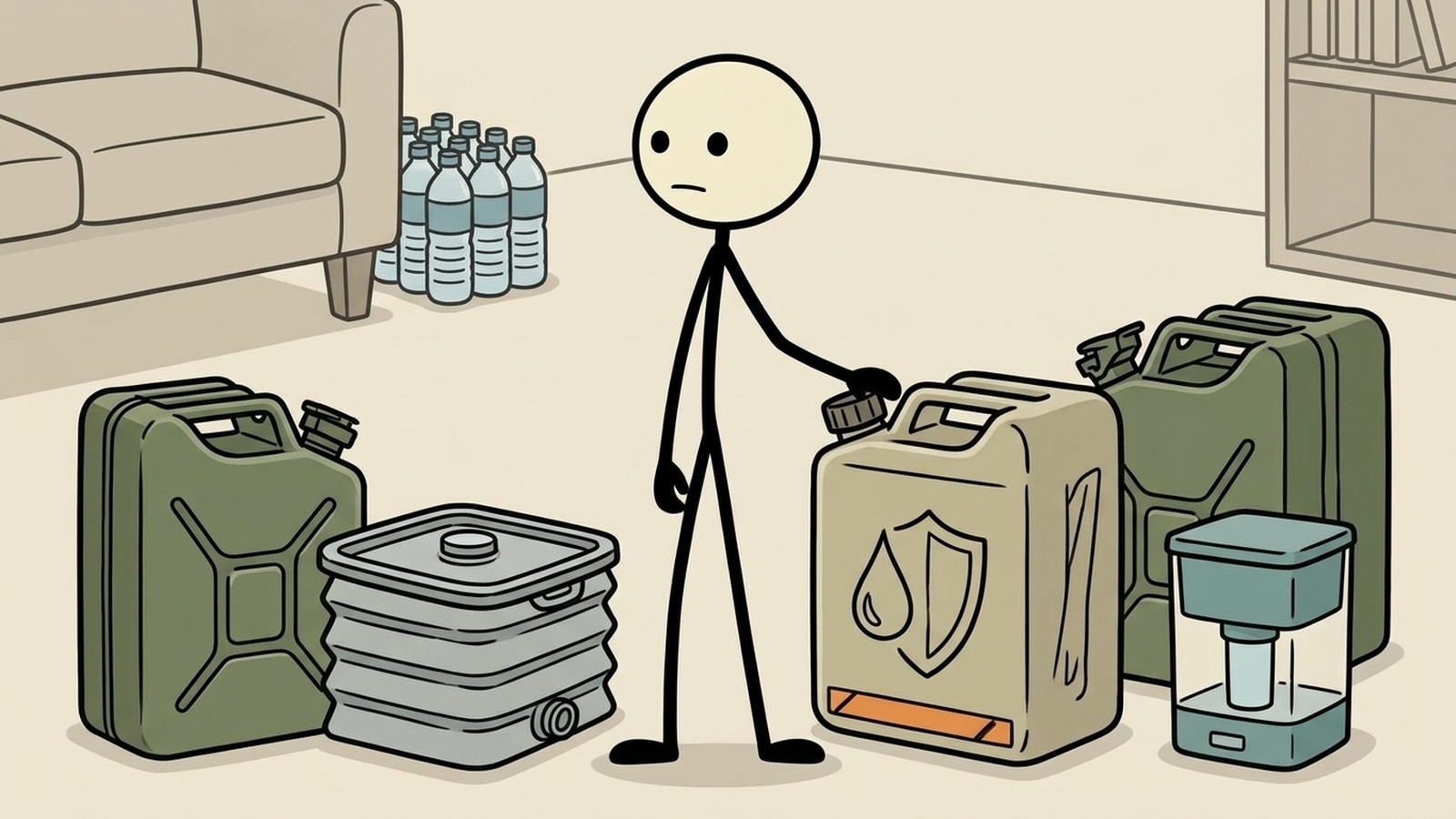 Ilustração estilo SC para Planejar armazenamento prático de água para casas pequenas sem garagens, porões ou grandes barris.