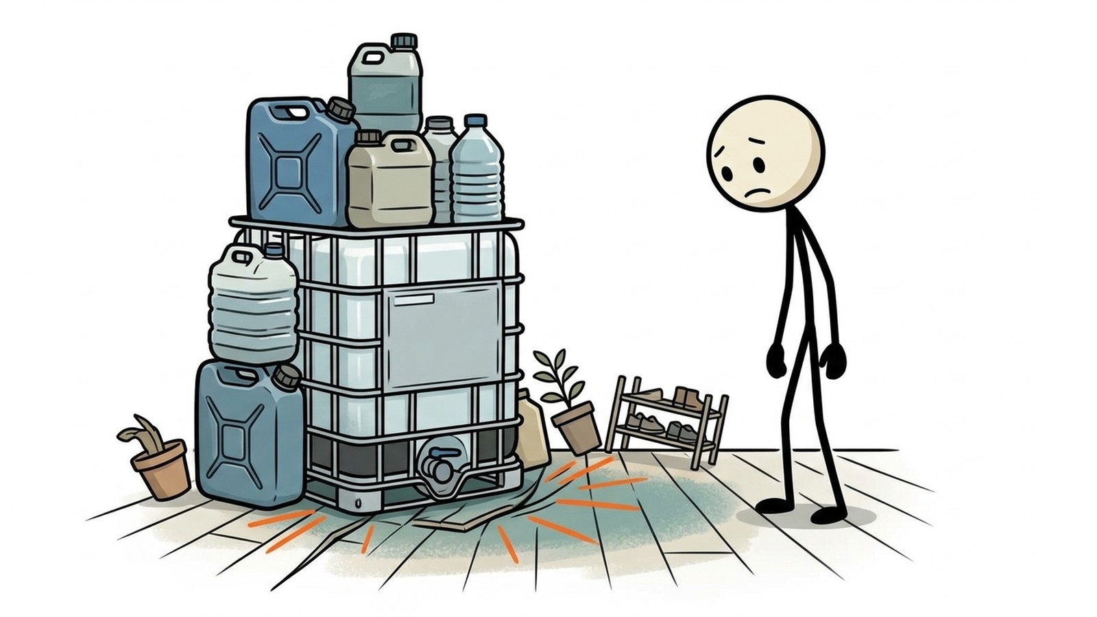 Ilustração estilo SC para Planejar armazenamento prático de água para casas pequenas sem garagens, porões ou grandes barris.
