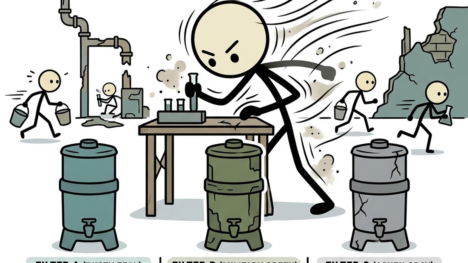 Ilustração estilo SC para comparação direta dos três principais filtros de água por gravidade domésticos