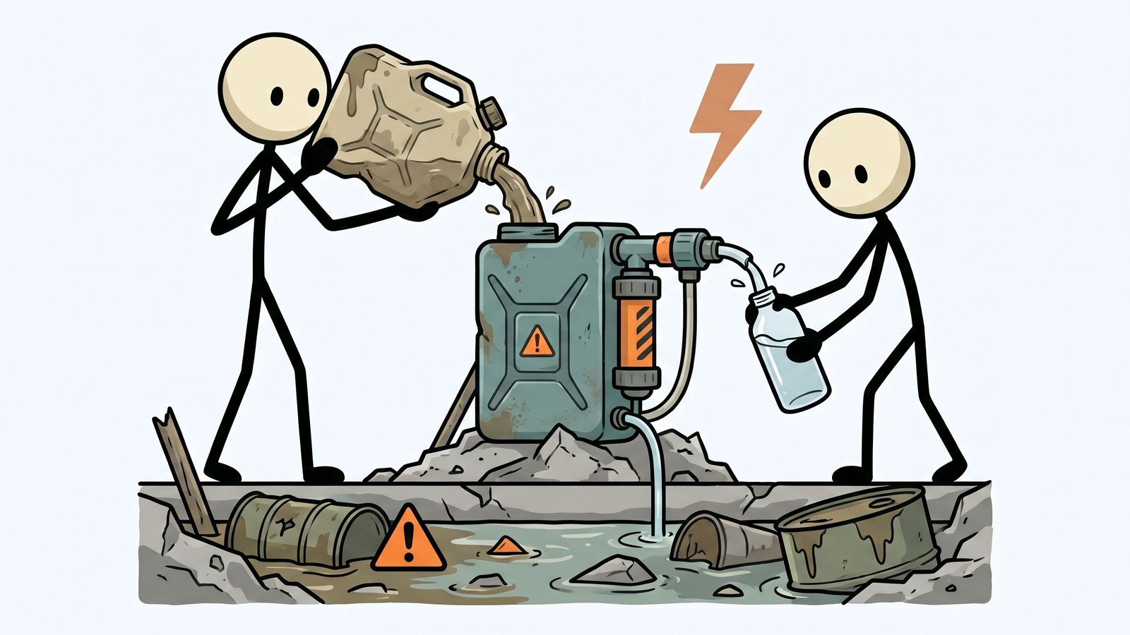 Ilustração estilo SC para comparar opções de filtração e purificação de água de emergência para uso doméstico, kits de fuga e capacidade para famílias