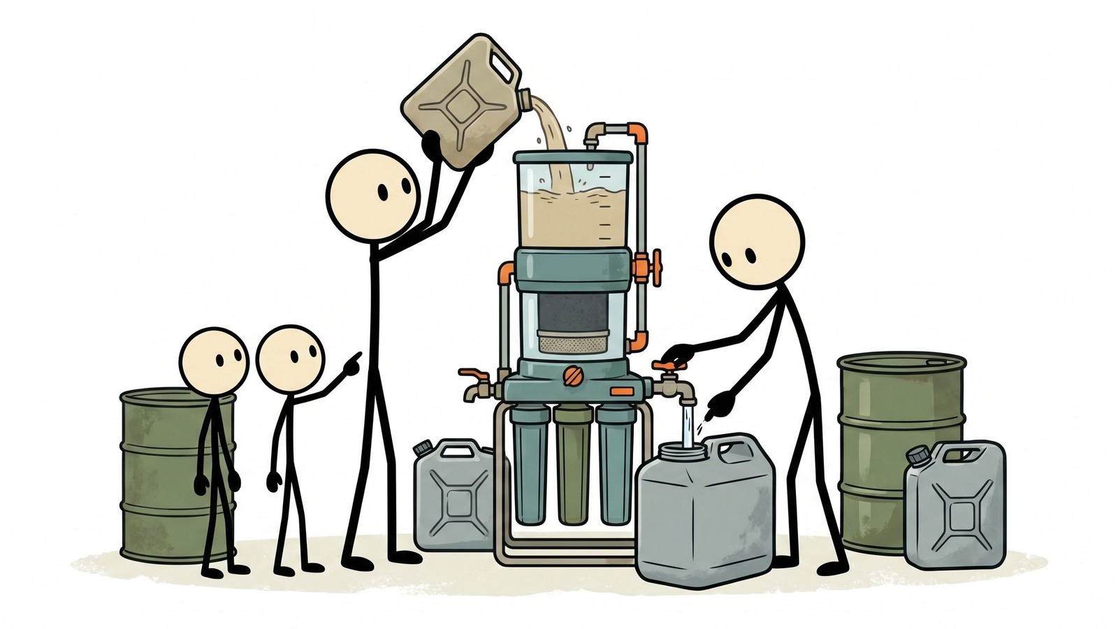 Ilustração estilo SC para comparar opções de filtração e purificação de água de emergência para uso doméstico, kits de fuga e capacidade para famílias