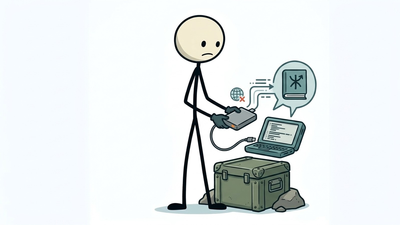 Ilustração estilo SC para Como configurar um sistema de IA offline econômico com LLMs locais para preppers e sobrevivencialistas. Apresenta DUAS opções claramente: OPÇÃO 1 (LINUX - recomendada para a maioria dos preppers): Project Nomad no Ubuntu/Debian - a solução tudo-em-um. Um comando de instalação, e você tem Wikipedia offline, Khan Academy, referências médicas, guias de sobrevivência, OpenStreetMap E LLMs locais acelerados por GPU. Requer Ubuntu 22.04+ ou Debian 12+. Melhor hardware: PC desktop usado com AMD Ryzen 7 ou Intel i7, 32GB RAM, GPU NVIDIA dedicada ou AMD Radeon 780M+, SSD de 1TB. Opções econômicas: Dell OptiPlex ou HP EliteDesk recondicionado com i7 (US$ 150-250 no eBay), adicione uma NVIDIA GTX 1070/1080 usada por US$ 80-120 para aceleração de GPU. Orçamento total: US$ 230-370 para um sistema Project Nomad completo. OPÇÃO 2 (macOS - para pessoas que já possuem um Mac): Ollama + Open WebUI + AnythingLLM. Não é tão pronto para uso quanto o Project Nomad, mas tem a mesma funcionalidade central. Mac Mini M1 16GB (US$ 250-300 usado) executa modelos de 7-8B com aceleração total de GPU Metal com apenas 10-15W em modo ocioso (compatível com energia solar). O software é todo gratuito e de código aberto. Compare as duas opções: Project Nomad é a melhor escolha para preppers porque inclui Wikipedia offline, mapas, conteúdo educacional pronto para uso. A rota macOS requer mais configuração manual, mas funciona muito bem se você já possui o hardware. Análise de consumo de energia para ambas as opções. Por que preppers precisam de IA offline: o conhecimento dependente da internet é um ponto único de falha. Tabela de comparação do Project Nomad vs PrepperDisk (US$ 199-279), Doom Box (US$ 699), R.E.A.D.I. (US$ 499) - NOMAD é gratuito e funciona em qualquer PC. Guia passo a passo para ambas as opções.