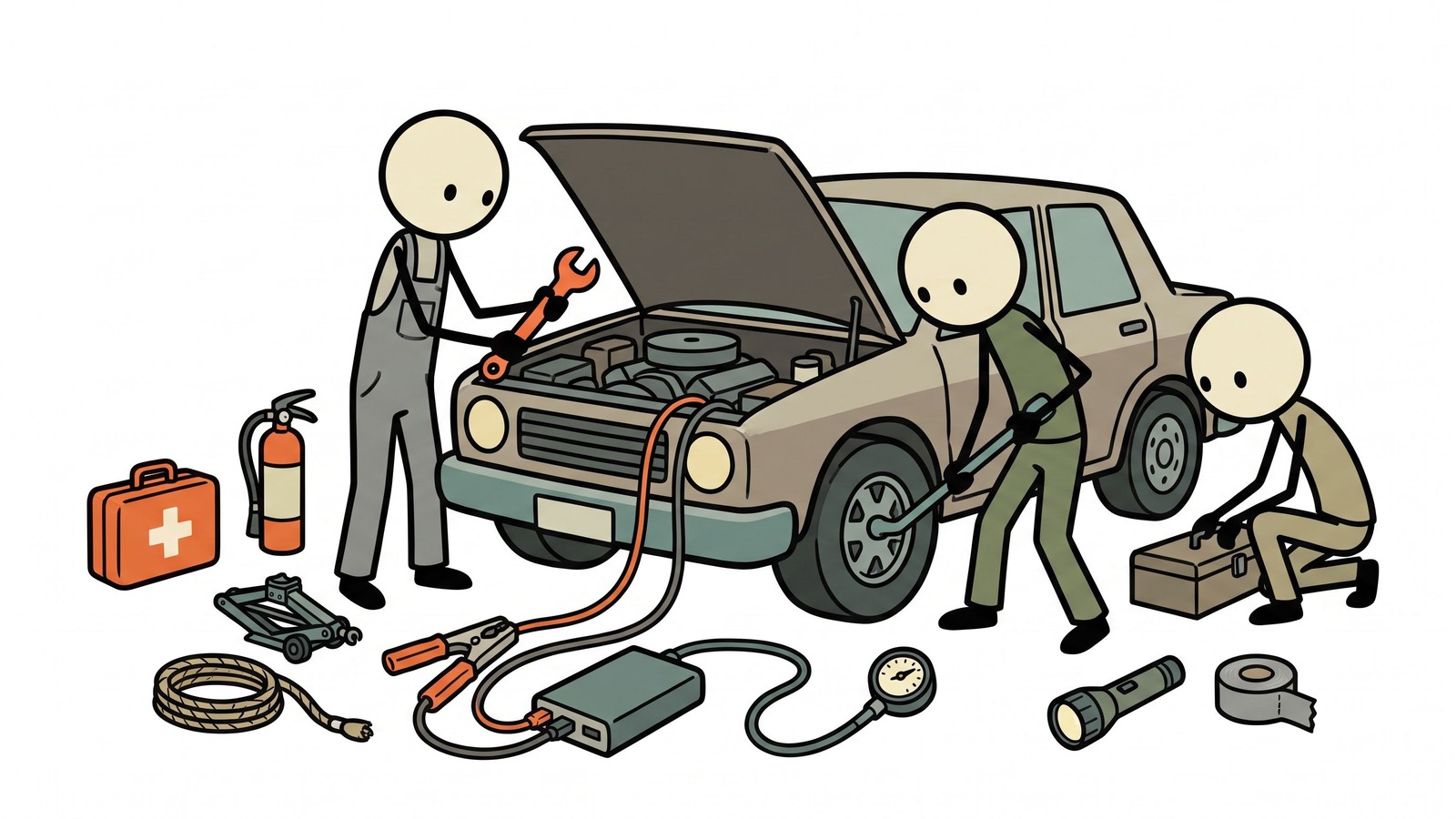Ilustração estilo SC para preparação para emergências veiculares, incluindo ferramentas, equipamentos sazonais, backups de comunicação e protocolo de segurança na estrada