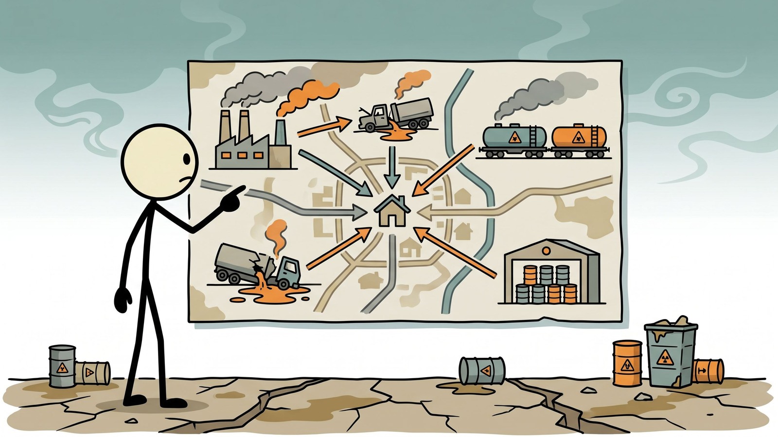 Ilustração estilo SC para Guia prático de preparação doméstica para derramamentos químicos industriais, descarrilamentos de trens e eventos com materiais perigosos
