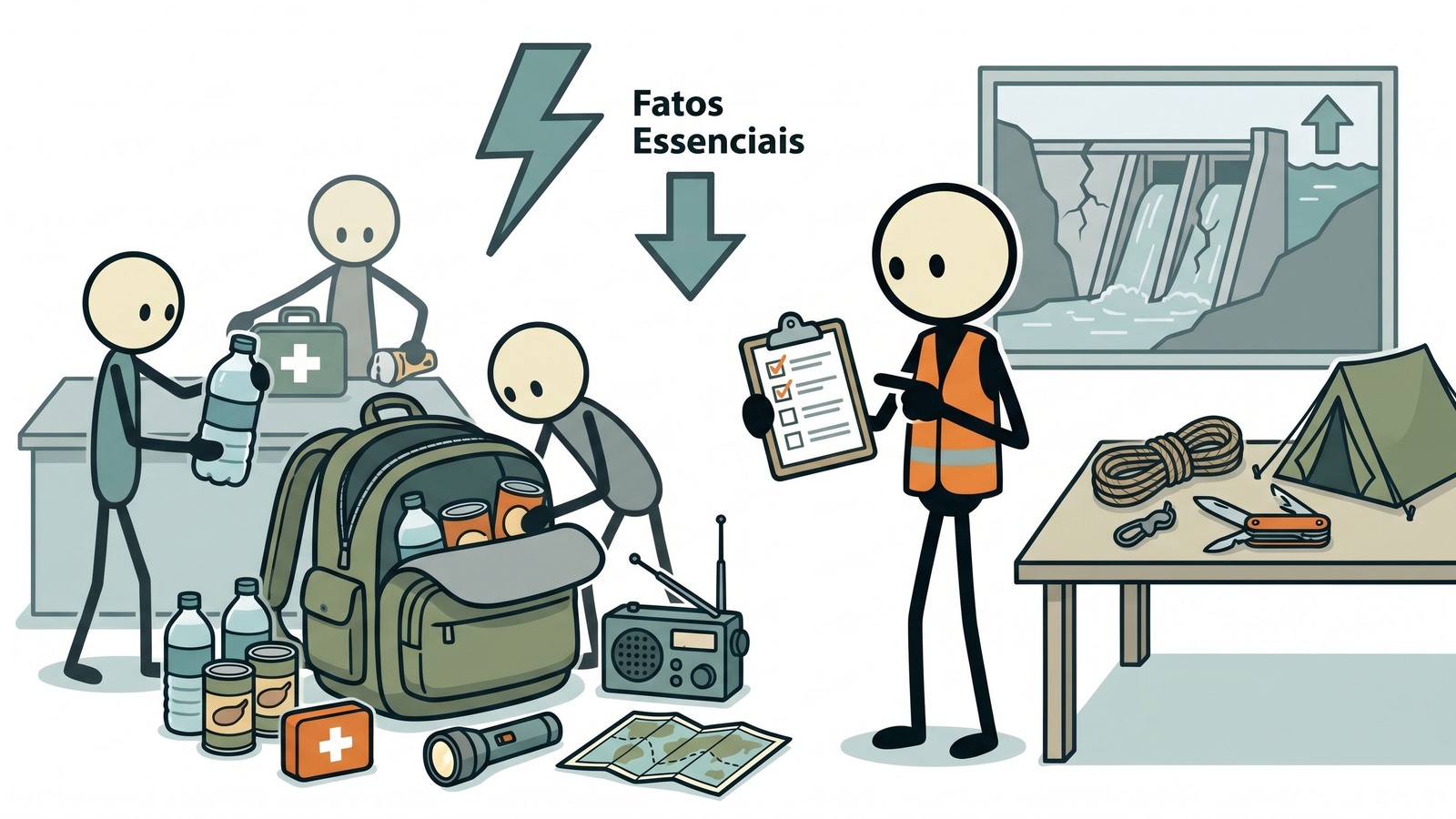 Ilustração estilo SC que explica a ameaça subestimada de falhas de barragens, como encontrar sua zona de inundação de barragem, a diferença crítica entre falha de barragem e inundações regulares, e protocolos de evacuação rápida.