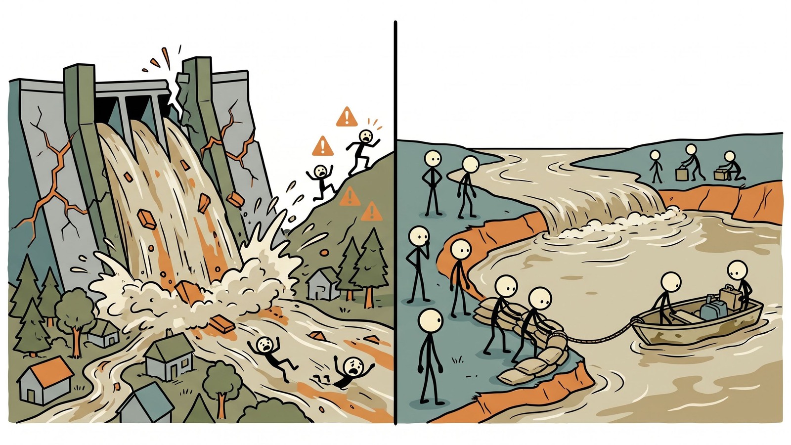 Ilustração estilo SC que explica a ameaça subestimada de falhas de barragens, como encontrar sua zona de inundação de barragem, a diferença crítica entre falha de barragem e inundações regulares, e protocolos de evacuação rápida.