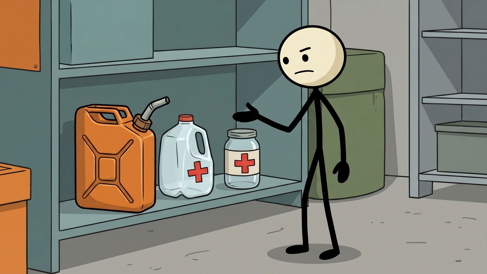 Ilustração estilo SC para Este guia completo detalha como armazenar com segurança combustível diesel em casa para geradores de emergência, focando em maximizar a vida útil, escolher os recipientes certos e aderir às regulamentações de segurança.