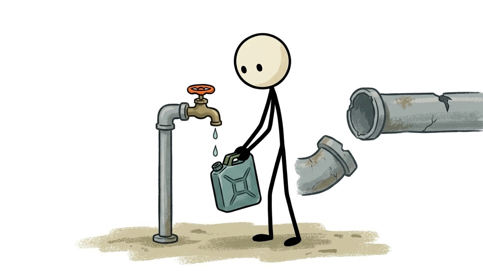 Ilustração estilo SC para cenários de seca de várias semanas e vários meses, incluindo restrições de água municipais, falha de poços, estratégias de racionamento de água doméstico, reutilização de água cinza e vida resistente à seca a longo prazo.