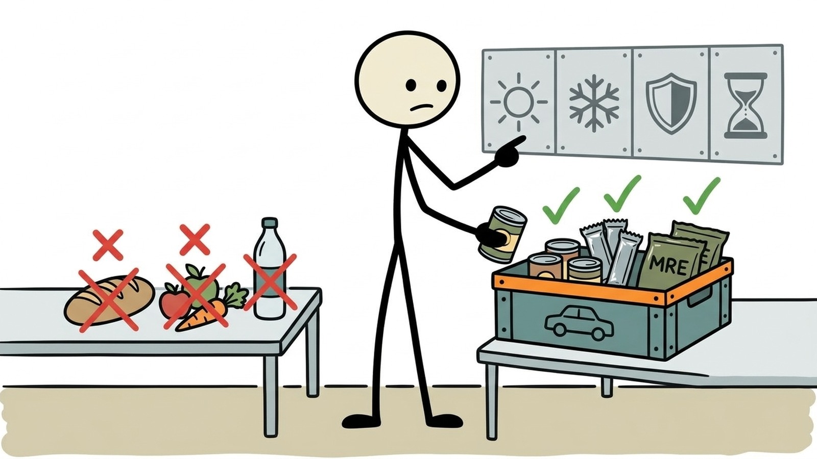 Ilustração estilo SC para Selecionar, armazenar, rotacionar e usar alimentos veiculares com segurança sem depender de armazenamento de longo prazo inseguro.