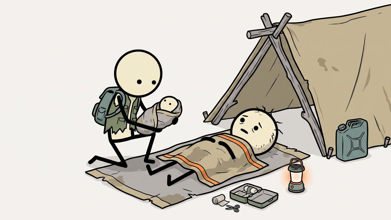 Ilustração estilo SC para guia passo a passo para gerenciar um parto de emergência quando a assistência médica profissional não está disponível