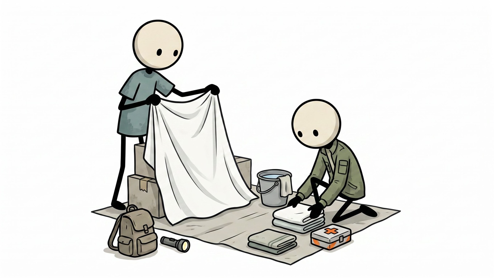 Ilustração estilo SC para guia passo a passo para gerenciar um parto de emergência quando a assistência médica profissional não está disponível