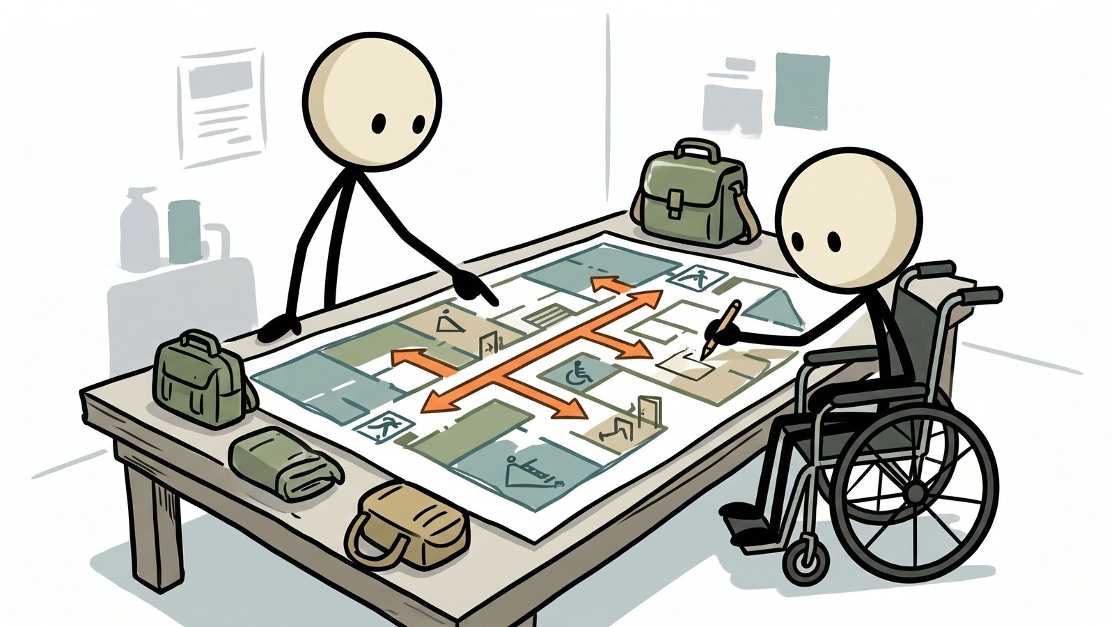 Ilustração estilo SC para guia abrangente para pessoas com deficiência cobrindo planejamento de evacuação, barreiras de comunicação, energia de backup para equipamentos médicos, registros de necessidades especiais e como cuidadores podem coordenar o suporte.