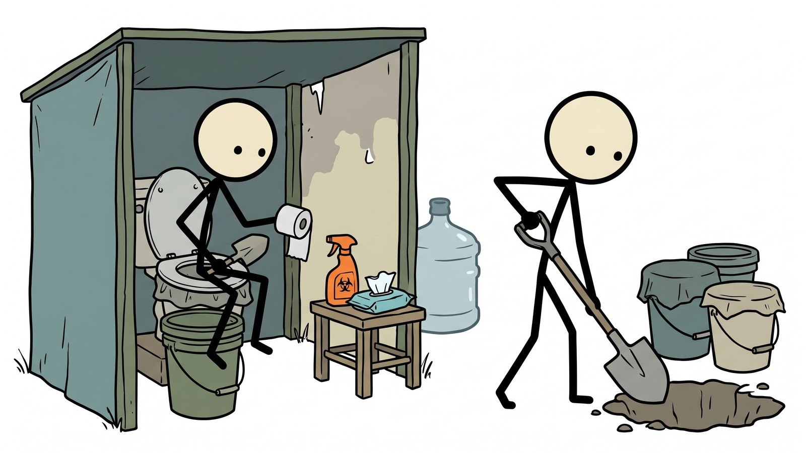 Ilustração estilo SC para planejamento de saneamento doméstico para falta de água, incluindo alternativas de banheiro, higiene das mãos, manuseio de resíduos e prevenção de doenças