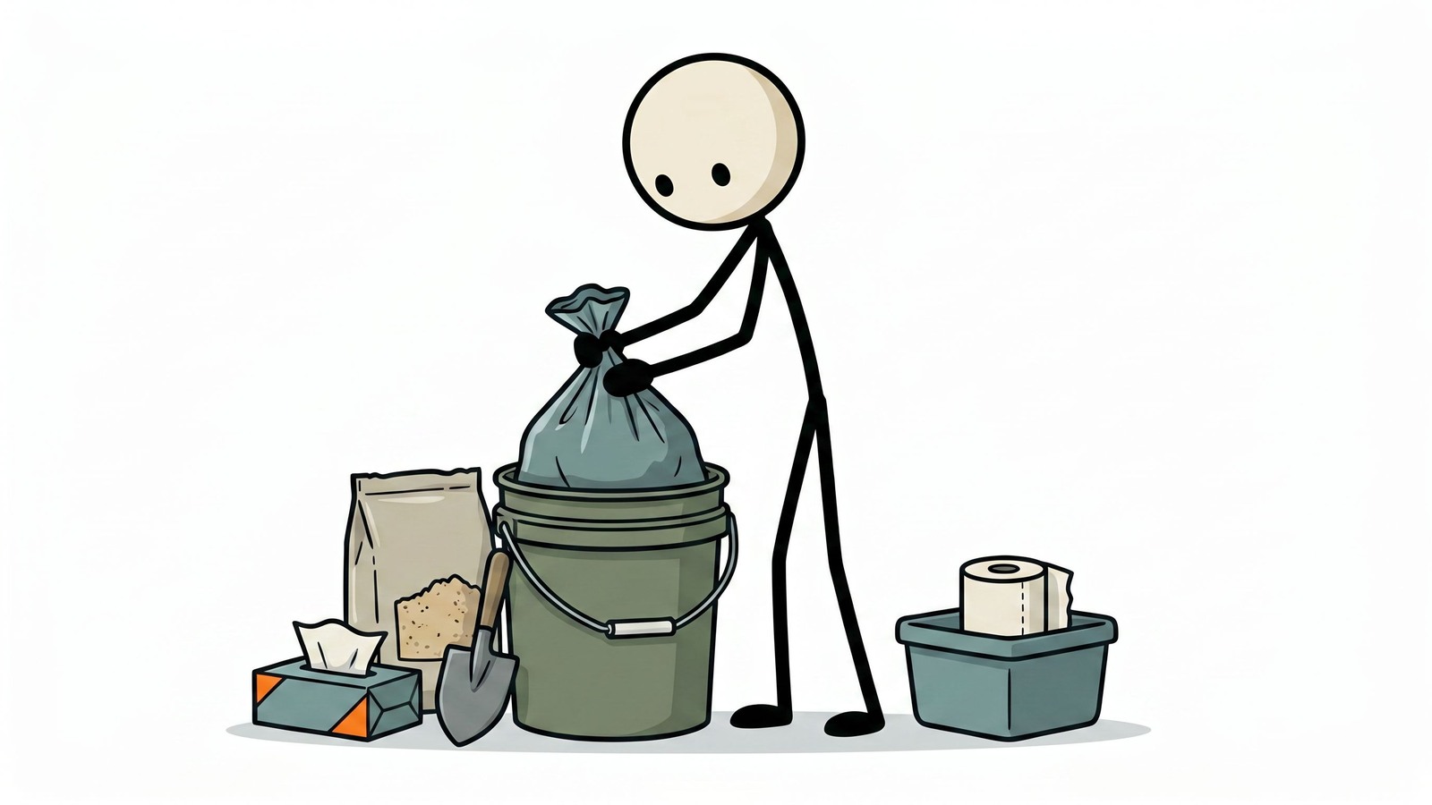 Ilustração estilo SC para planejamento de saneamento doméstico para falta de água, incluindo alternativas de banheiro, higiene das mãos, manuseio de resíduos e prevenção de doenças