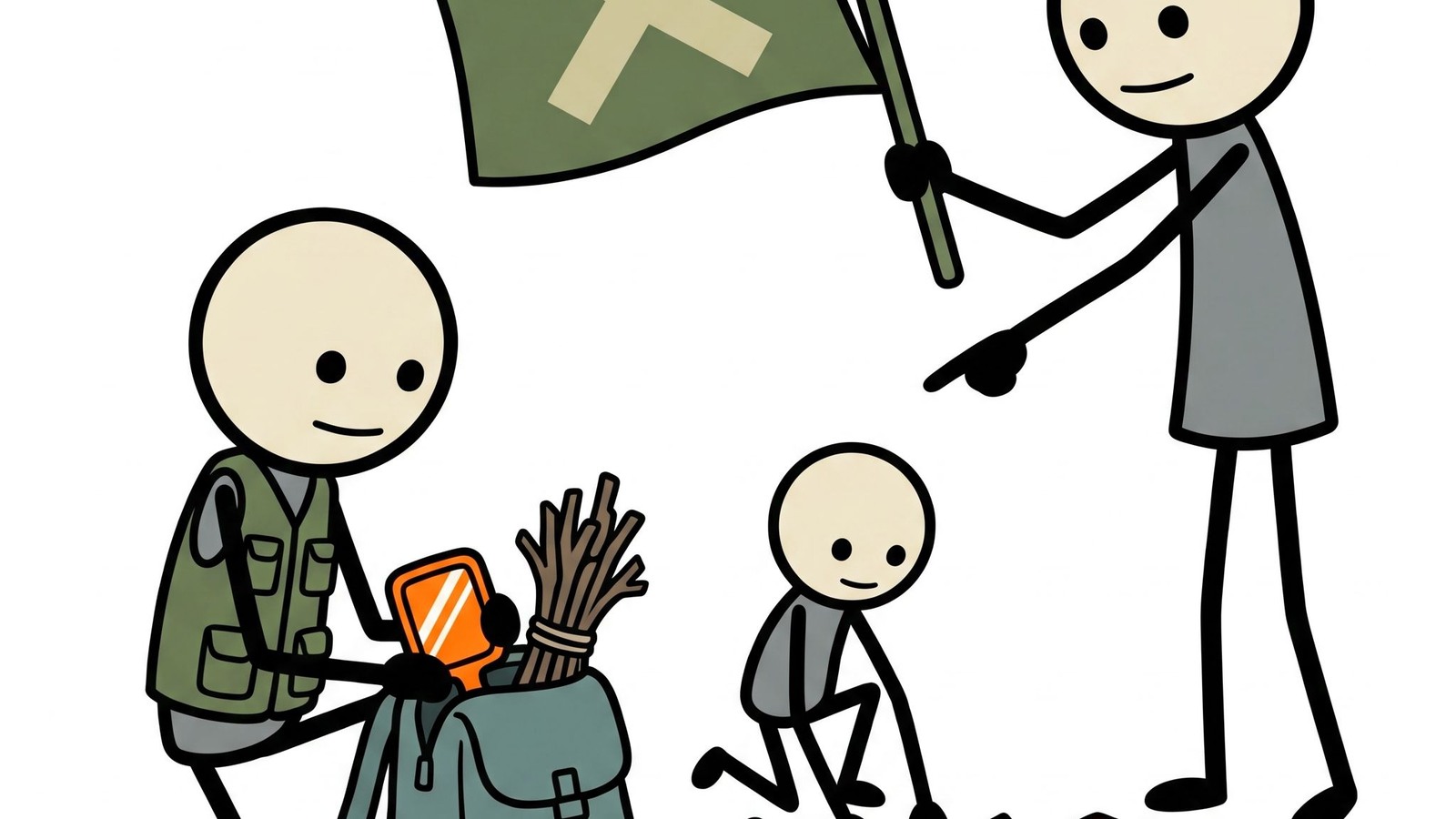 Ilustração estilo SC para Este post oferece um guia completo sobre como utilizar técnicas de sinalização de emergência primitivas e não eletrônicas, como sinais terrestres, espelhos, fogueiras e apitos, para atrair equipes de resgate quando a tecnologia moderna falha na natureza.