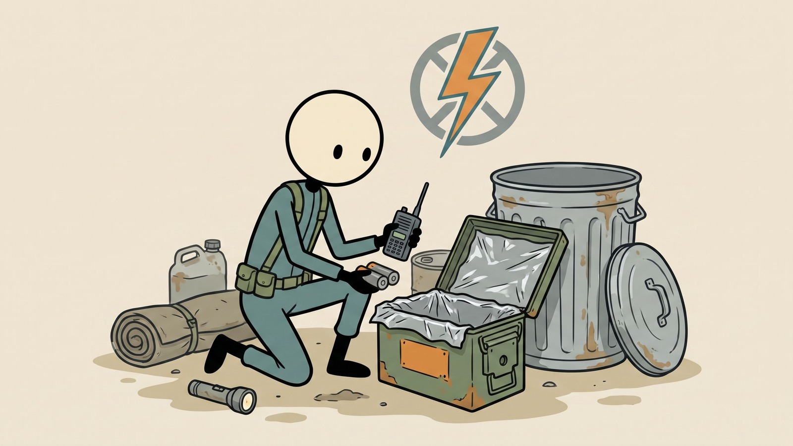 Ilustração estilo SC para preparação prática para EMP em residências, incluindo opções de armazenamento Faraday, prioridades de dispositivos protegidos e métodos de teste