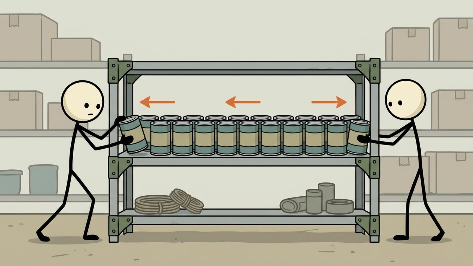Ilustração estilo SC para Este post fornece um guia abrangente e passo a passo sobre a implementação da metodologia Primeiro a Entrar, Primeiro a Sair (FIFO) para organizar despensas de alimentos de emergência e eliminar o desperdício caro de alimentos.