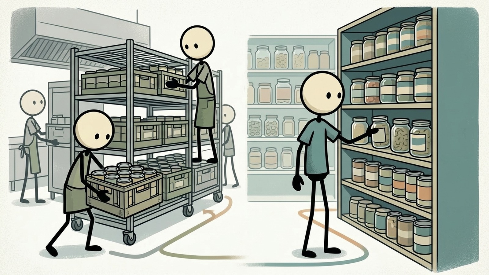 Ilustração estilo SC para Este post fornece um guia abrangente e passo a passo sobre a implementação da metodologia Primeiro a Entrar, Primeiro a Sair (FIFO) para organizar despensas de alimentos de emergência e eliminar o desperdício caro de alimentos.