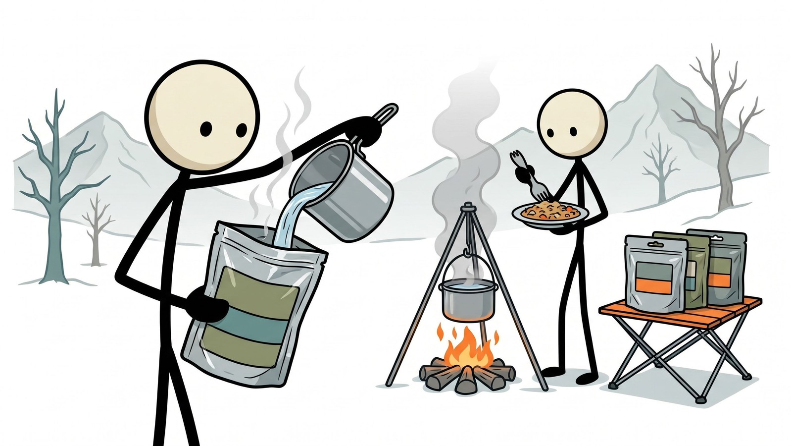 Ilustração estilo SC para comparação direta das principais marcas de alimentos de emergência liofilizados