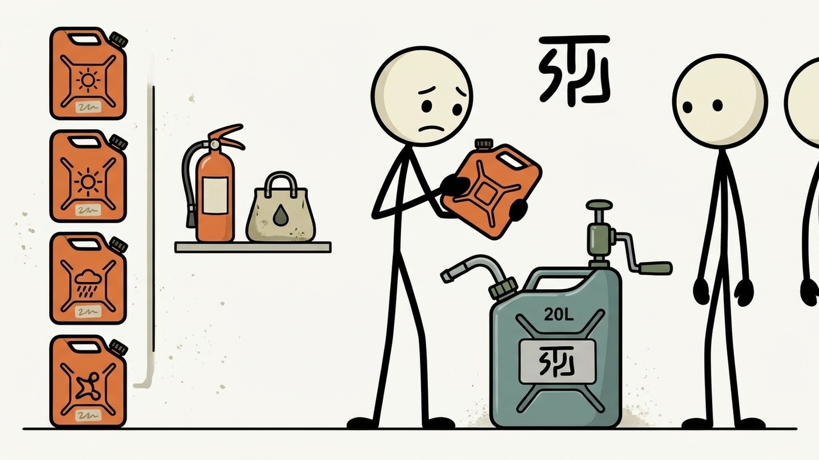 Ilustração estilo SC para explicar recipientes aprovados, limites legais, ventilação, estabilizador, rotação e segurança contra incêndio.