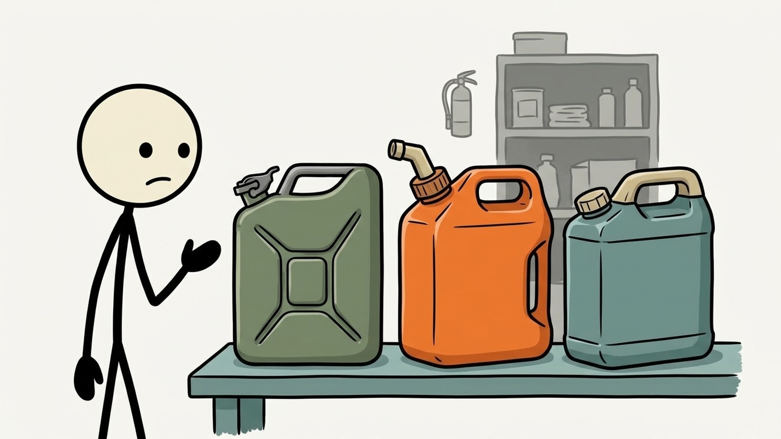 Ilustração estilo SC para explicar recipientes aprovados, limites legais, ventilação, estabilizador, rotação e segurança contra incêndio.