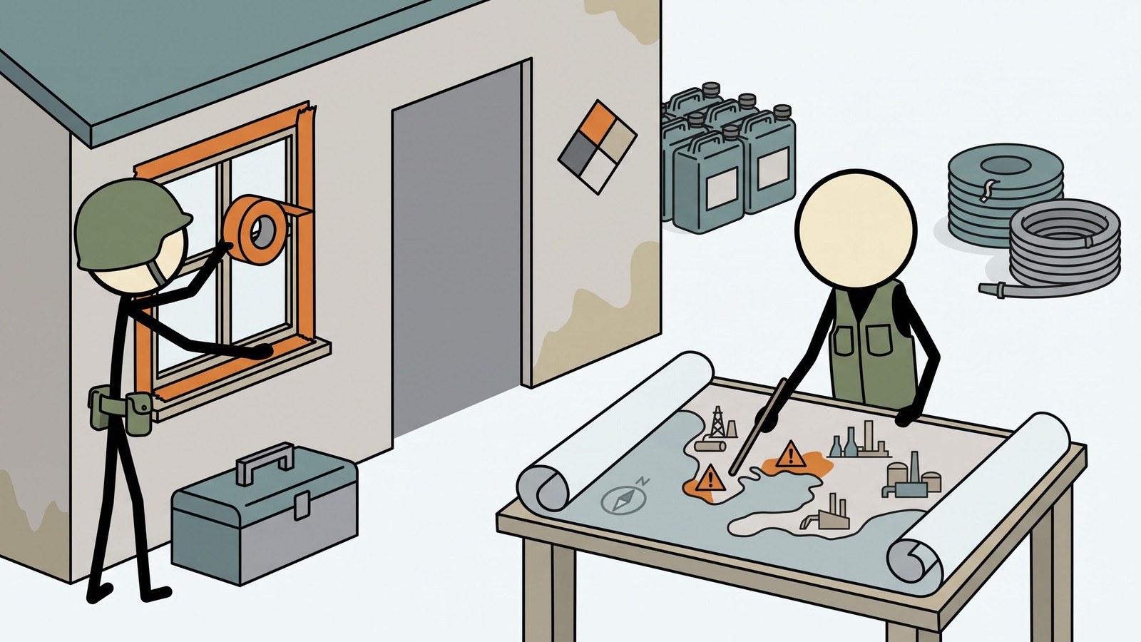 Ilustração estilo SC para um guia abrangente adaptado para residentes da Costa do Golfo sobre como se preparar, abrigar e evacuar com segurança durante vazamentos petroquímicos industriais e emergências de materiais perigosos agravadas por eventos climáticos severos.