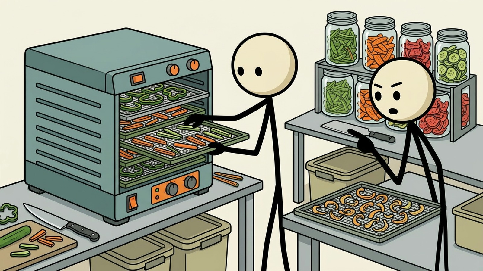 Ilustração estilo SC para guia prático de uso de um desidratador de alimentos doméstico para preparação para emergências