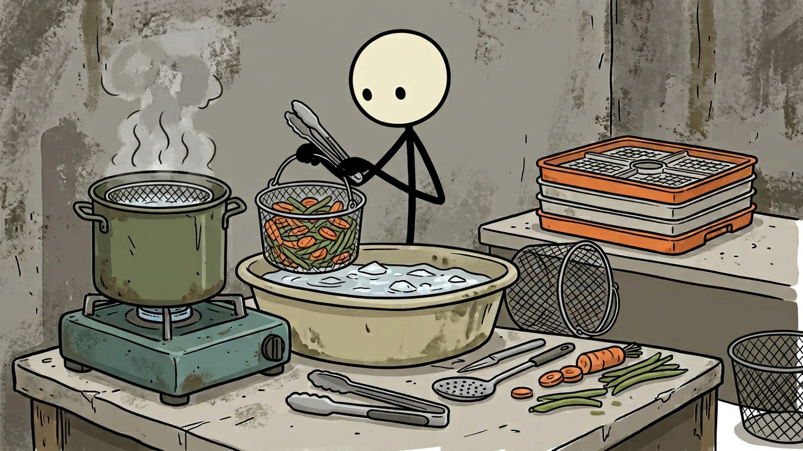 Ilustração estilo SC para guia prático de uso de um desidratador de alimentos doméstico para preparação para emergências