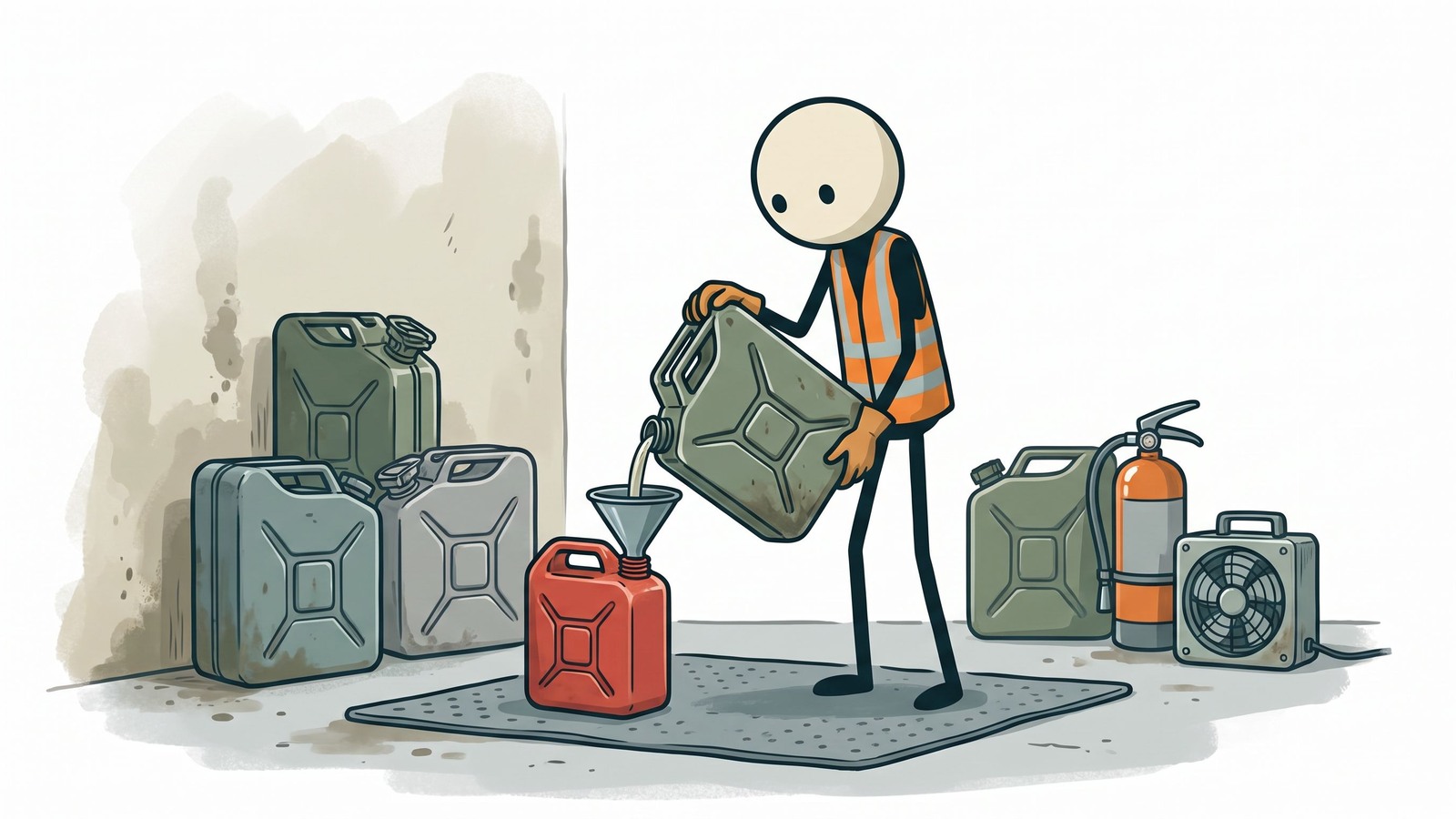Ilustração estilo SC para Um guia completo sobre os protocolos de segurança, seleção de recipientes, estabilizadores e regulamentações legais para armazenar gasolina em casa para preparação para emergências e sobrevivência a longo prazo.