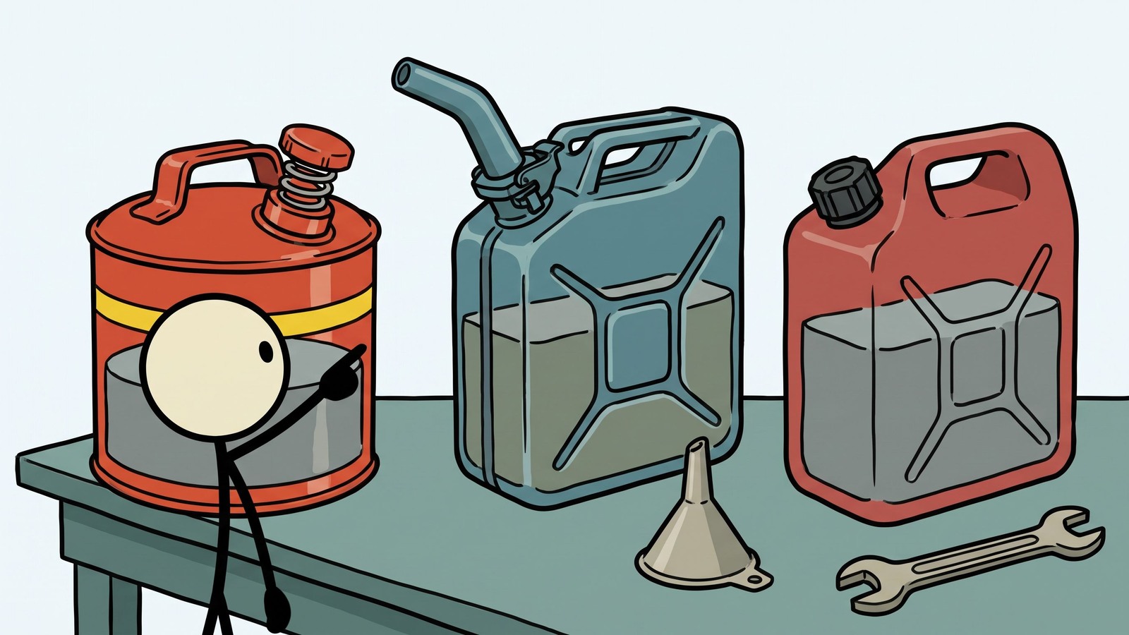 Ilustração estilo SC para Um guia completo sobre os protocolos de segurança, seleção de recipientes, estabilizadores e regulamentações legais para armazenar gasolina em casa para preparação para emergências e sobrevivência a longo prazo.