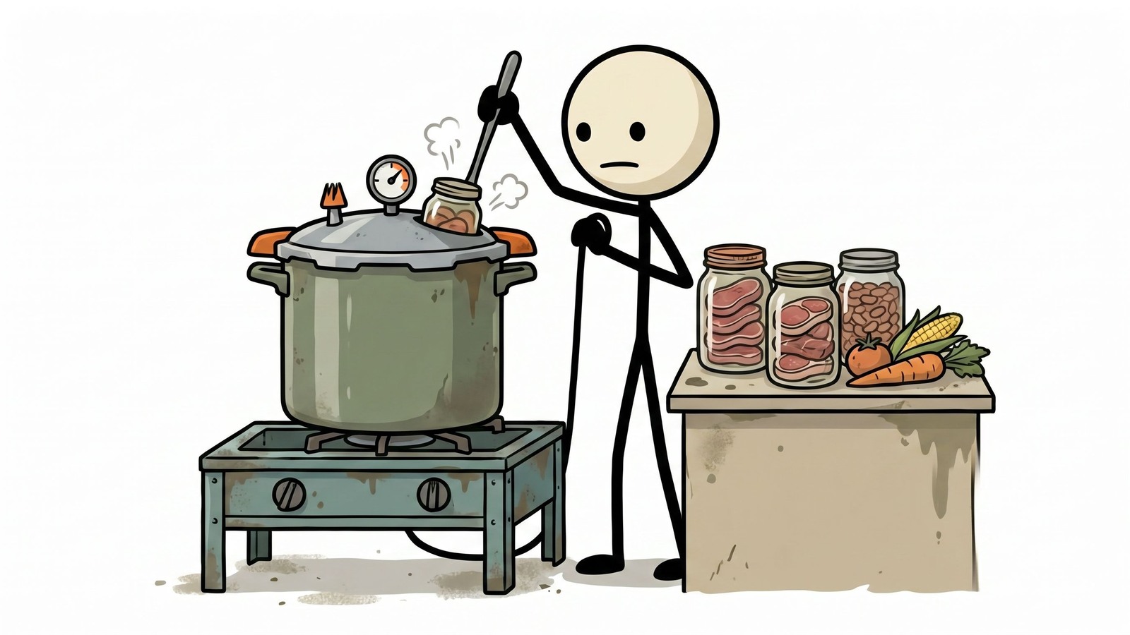 Ilustração estilo SC para guia amigável para iniciantes sobre enlatamento em panela de pressão para preservação de alimentos de emergência