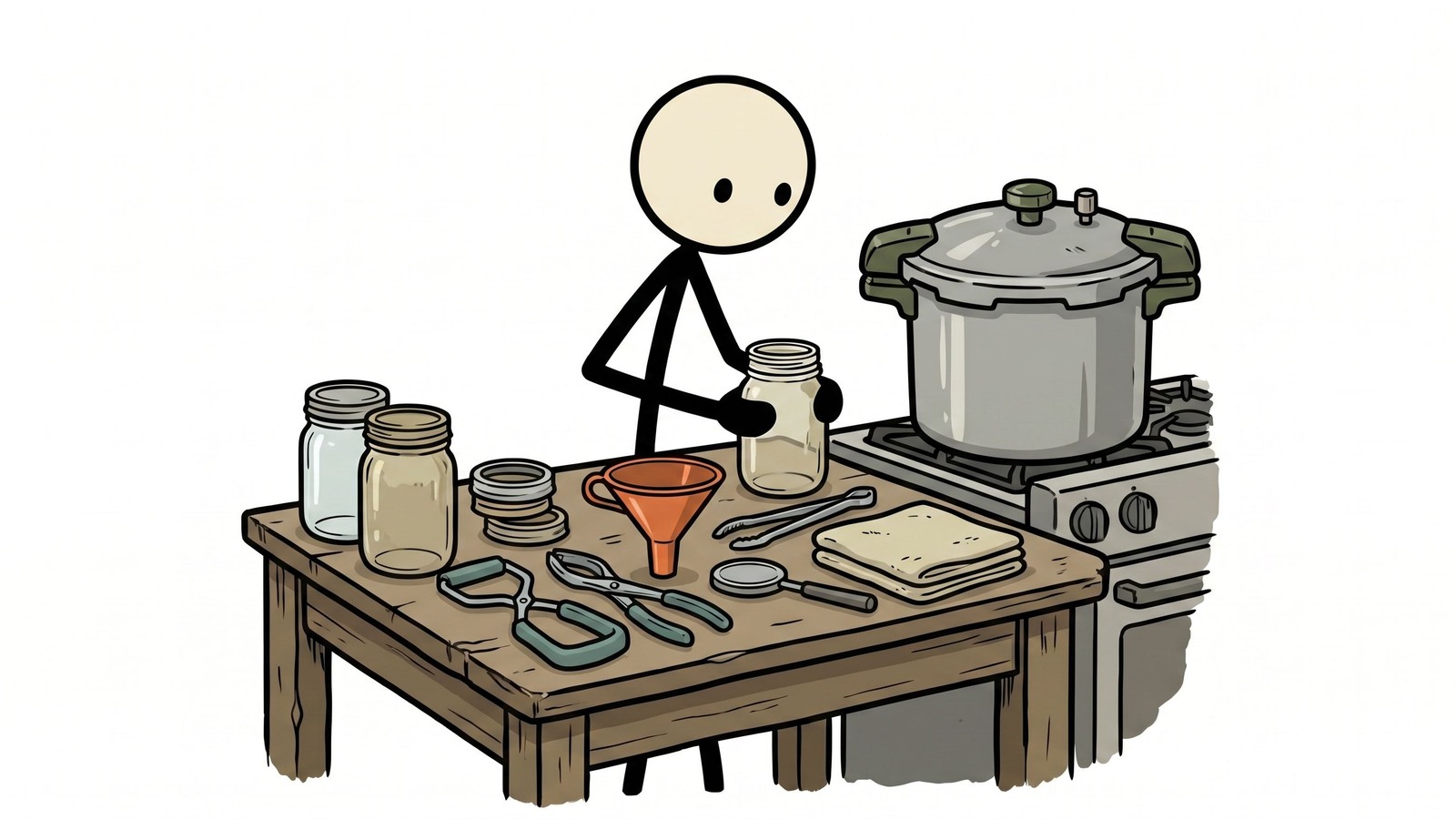 Ilustração estilo SC para guia amigável para iniciantes sobre enlatamento em panela de pressão para preservação de alimentos de emergência