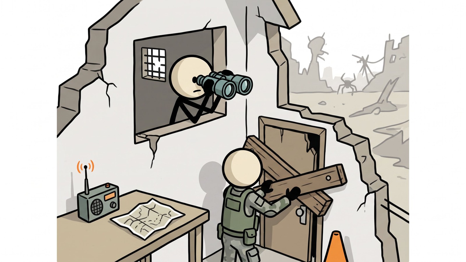 Ilustração estilo SC para segurança doméstica durante desastres