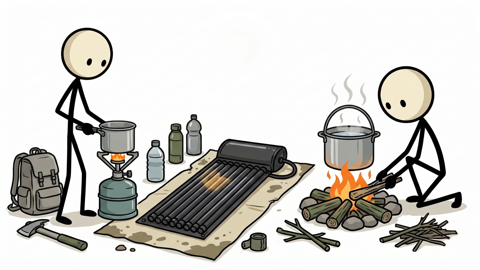 Ilustração estilo SC para um guia completo detalhando métodos seguros, práticos e diversos para aquecer água durante uma queda de energia prolongada ou cenário de sobrevivência sem rede elétrica.