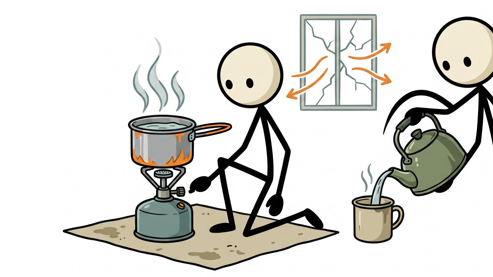 Ilustração estilo SC para um guia completo detalhando métodos seguros, práticos e diversos para aquecer água durante uma queda de energia prolongada ou cenário de sobrevivência sem rede elétrica.