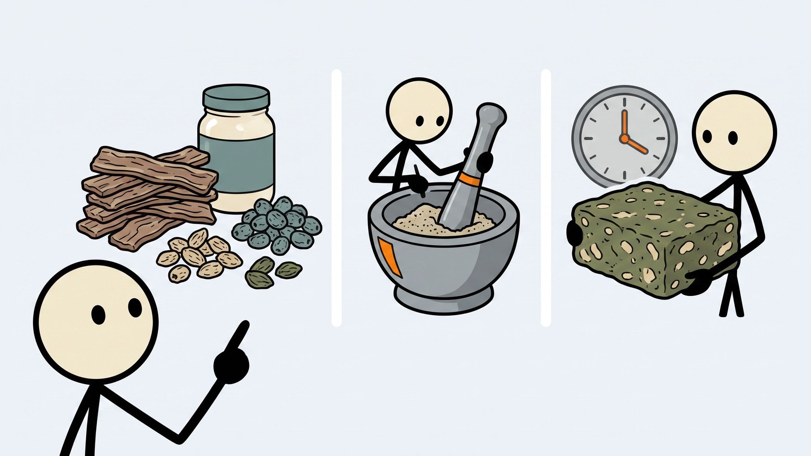 Ilustração estilo SC para Um guia completo e passo a passo para fazer pemmican tradicional, focando em sua densidade nutricional, significado histórico e técnicas de preservação para sobrevivência de emergência a longo prazo.
