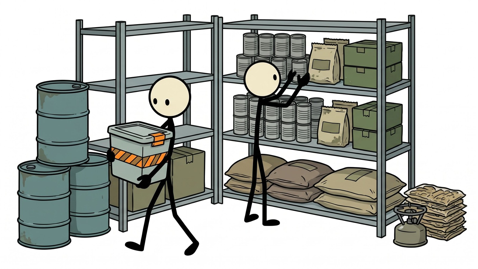 Ilustração estilo SC para construir um suprimento de alimentos de emergência para 3 meses