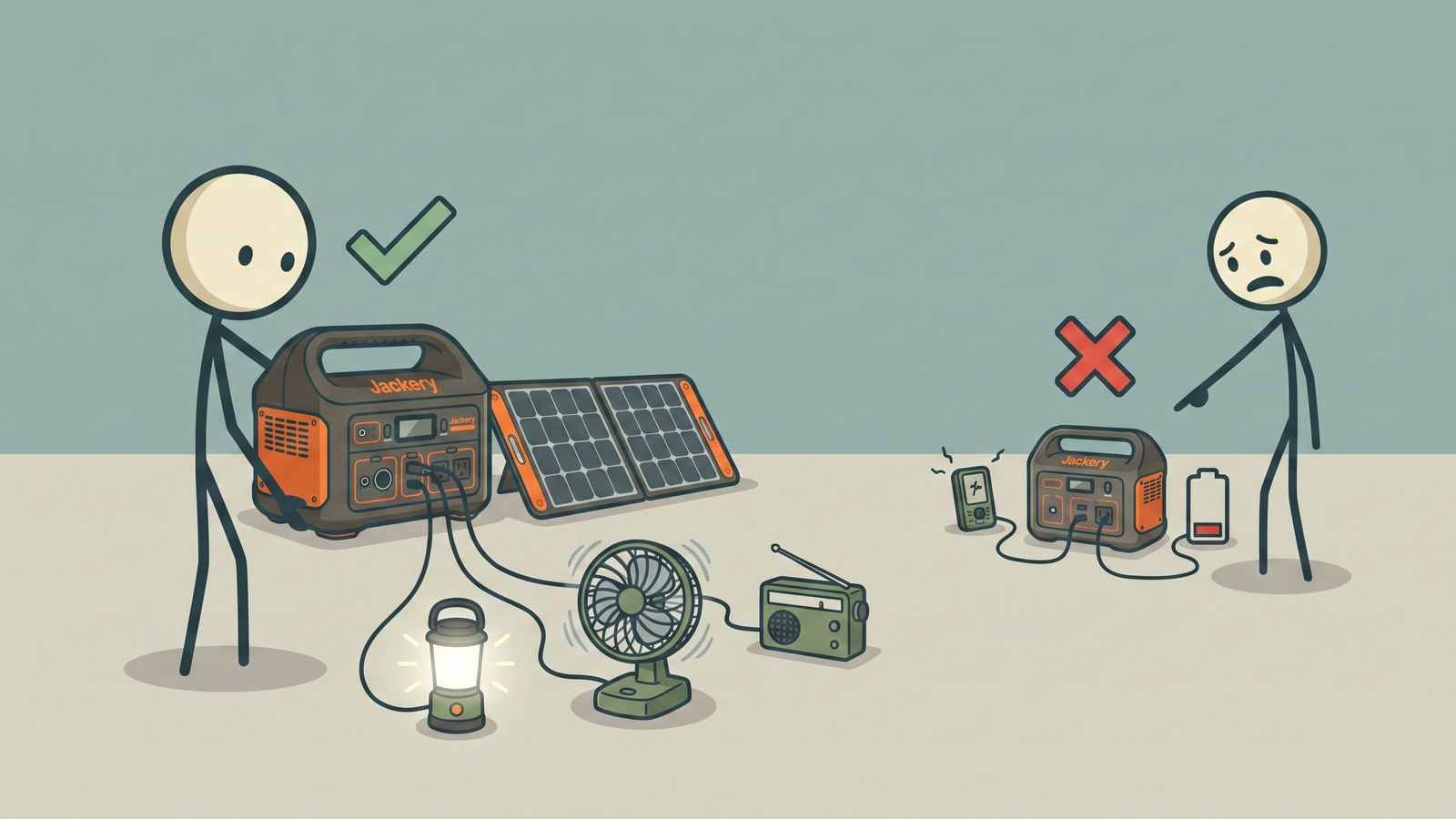 Ilustração estilo SC: família usando estação de energia durante apagão
