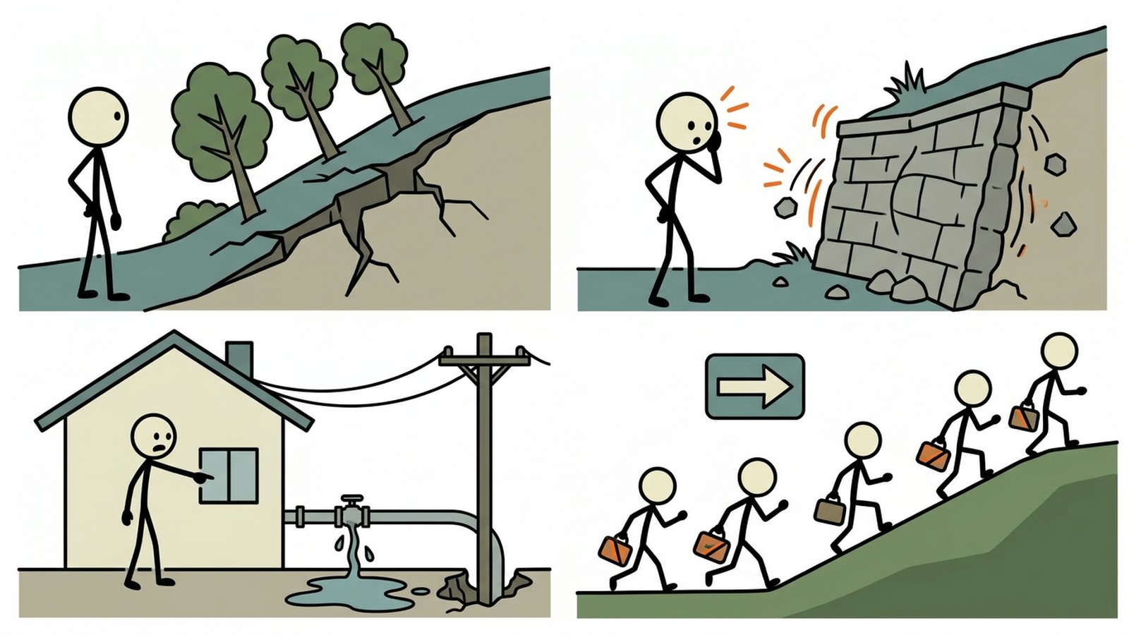 Ilustração estilo SC para cobrir risco de chuva, sinais de alerta de propriedade, gatilhos de evacuação e ações mais seguras durante um deslizamento.