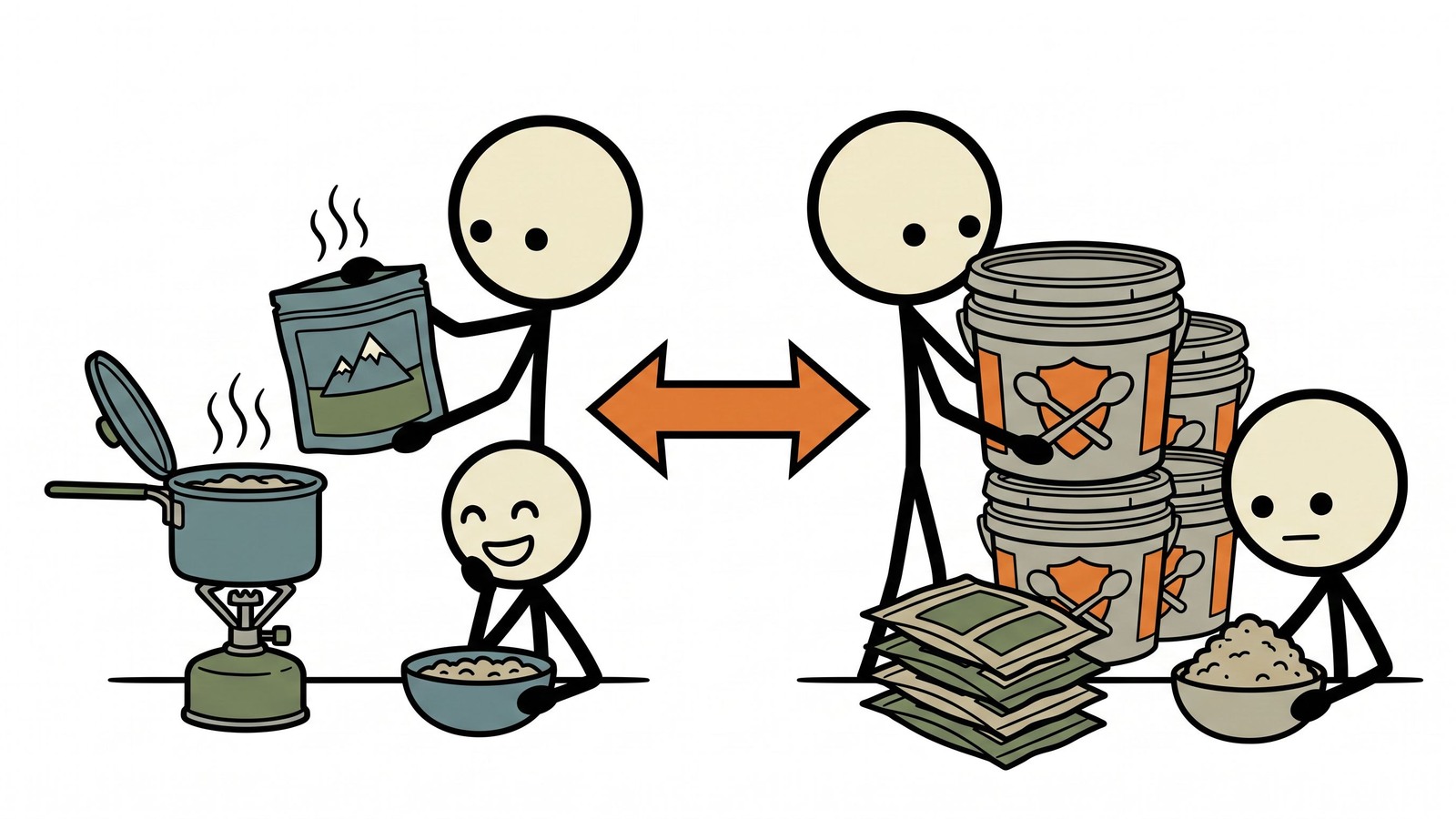 Ilustração estilo SC para uma comparação frente a frente de alimentos de emergência Mountain House vs ReadyWise para preparação doméstica. Explica para quem cada marca se encaixa, qualidade da refeição, alegações de vida útil, calorias por dia, proteína, sódio, água necessária, método de preparo, embalagem, espaço de armazenamento, custo por caloria e como usar ambas as marcas em um plano prático de alimentos de emergência doméstico.