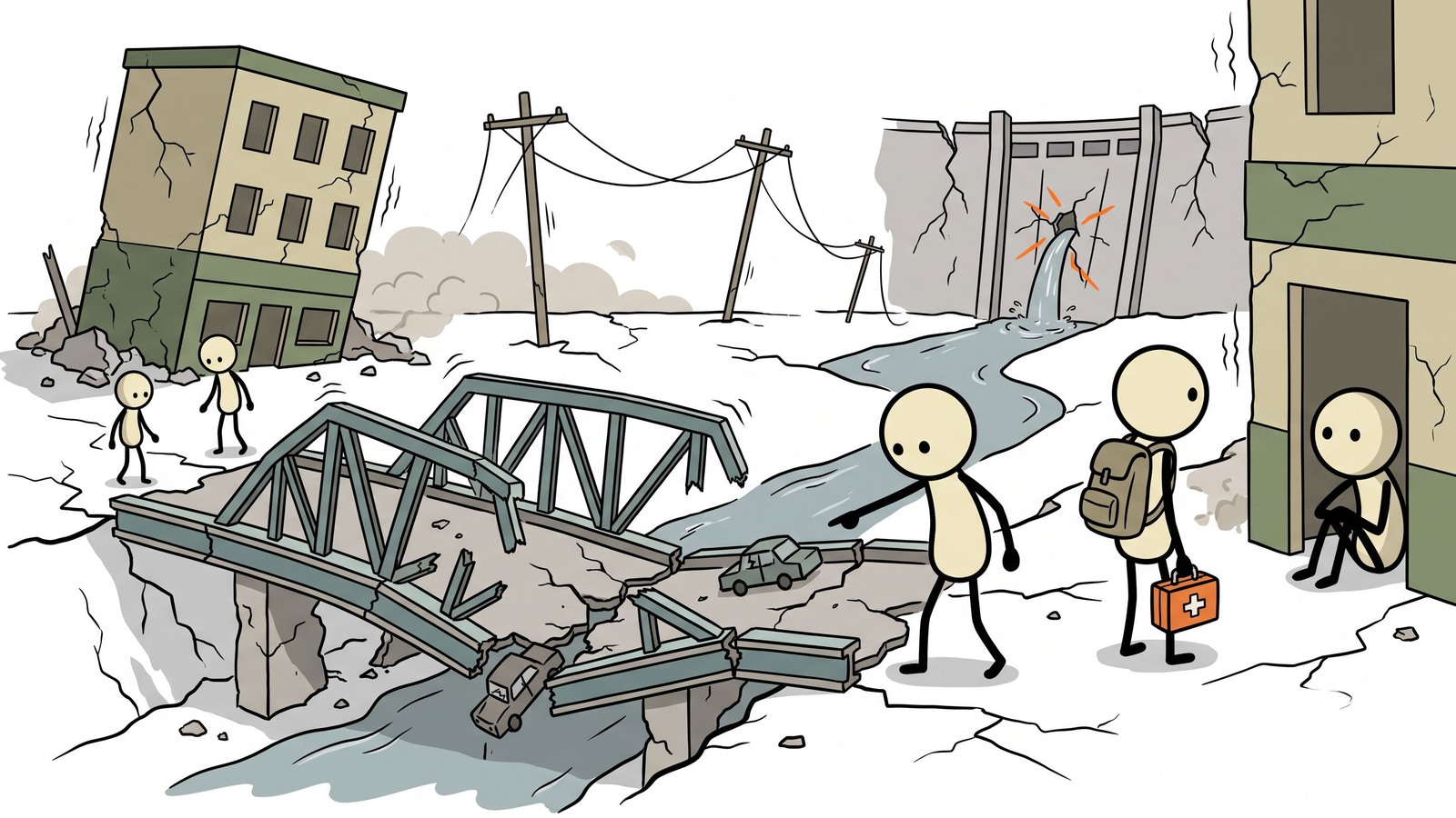 Ilustração estilo SC para Um guia de sobrevivência abrangente adaptado para moradores do Meio-Oeste para se preparar, sobreviver e se recuperar de um grande evento sísmico ao longo da historicamente volátil Zona da Falha de New Madrid.