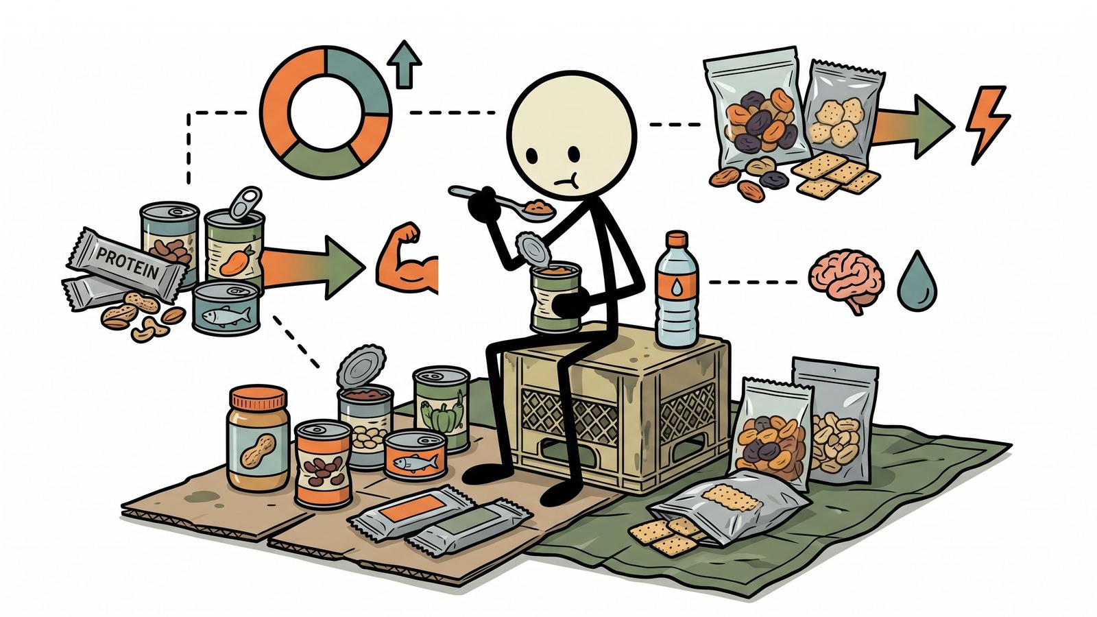 Ilustração estilo SC para projetar um menu de emergência sem cozimento com alimentos de longa duração, estratégia de hidratação, equilíbrio nutricional e preparação com baixo desperdício