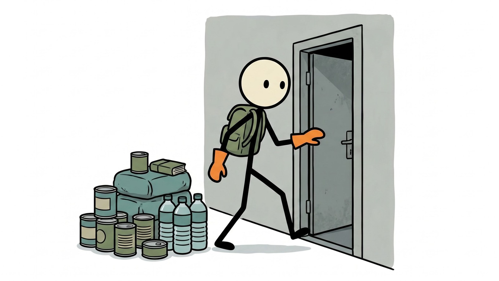 Ilustração estilo SC para Este guia fornece instruções acionáveis e passo a passo para preparadores e cidadãos preocupados sobre como navegar com segurança nas primeiras 24 horas críticas após uma explosão nuclear para minimizar a exposição à radiação.
