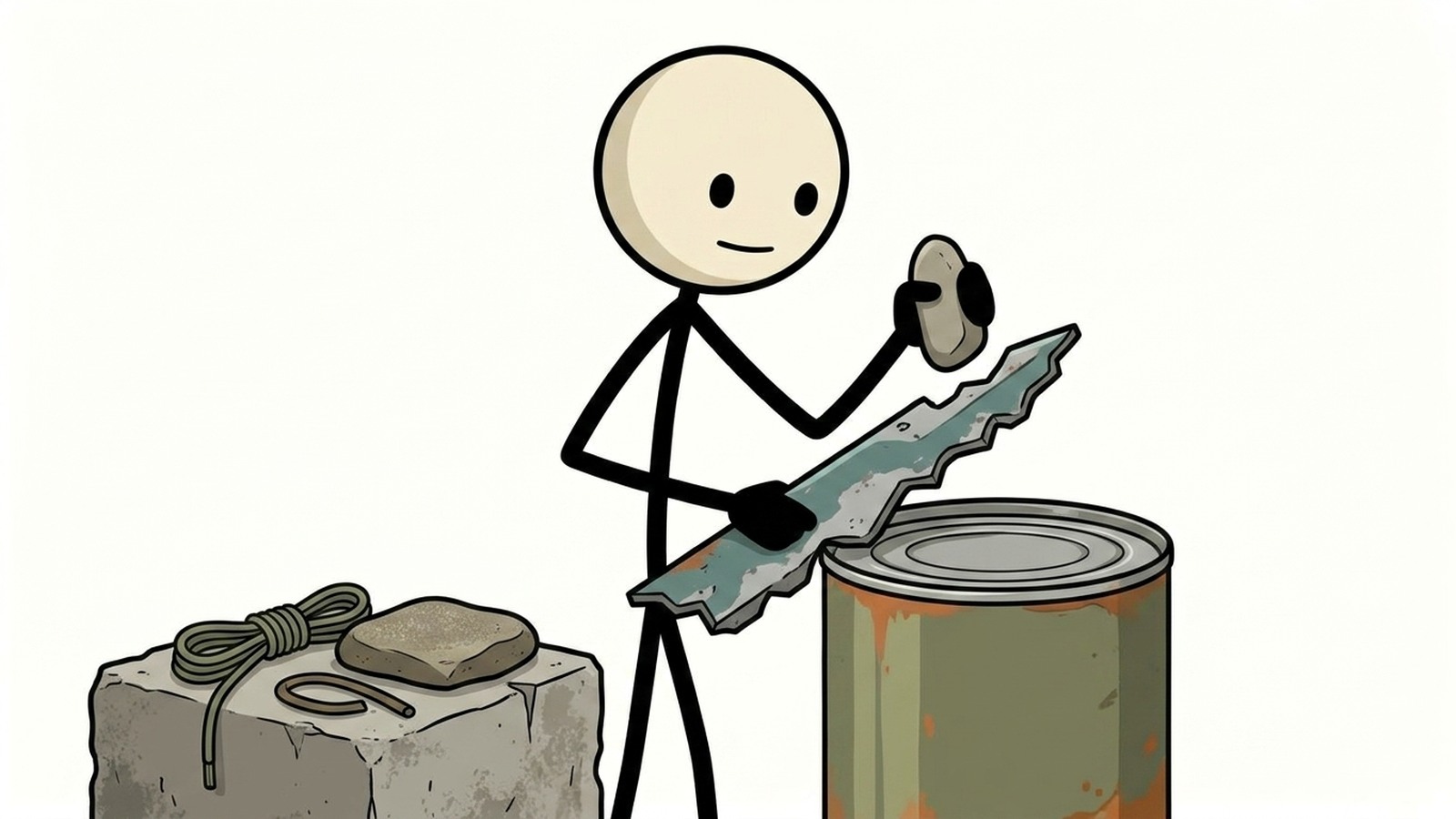 Ilustração estilo SC para um guia seguro de acesso a alimentos de emergência explicando como abrir uma lata sem abridor. Classifica os métodos da colher, concreto áspero, multiferramenta, faca e chave de fenda por segurança, velocidade, risco de lesão, risco de contaminação alimentar e quando não tentar.