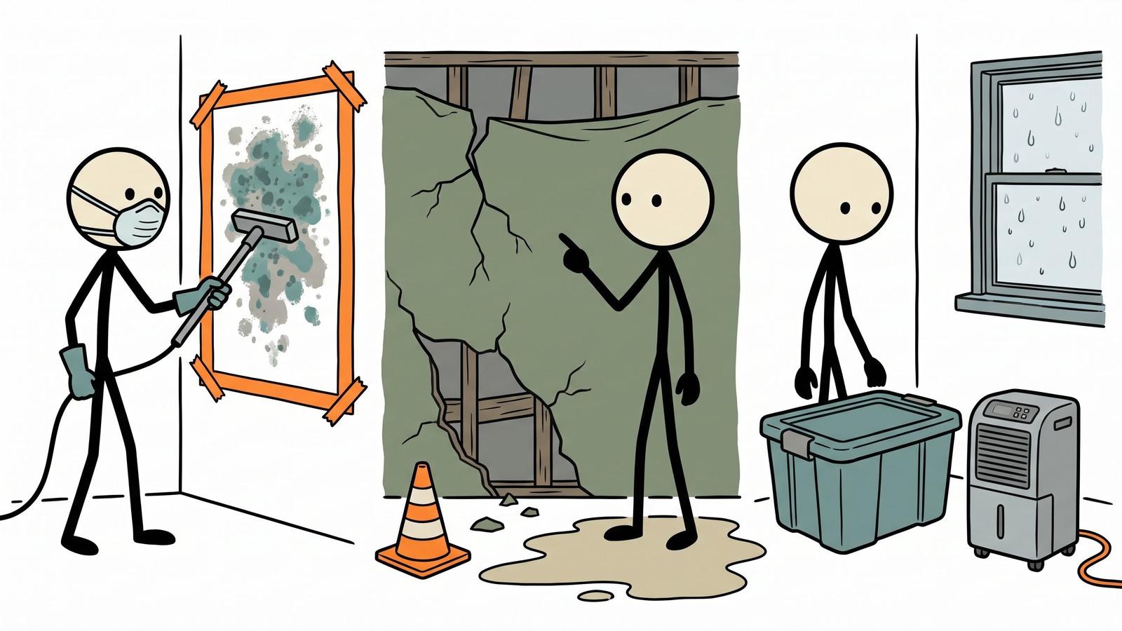 Ilustração estilo SC para Um guia completo de sobrevivência para recuperar sua casa com segurança após uma enchente, focando na identificação de riscos estruturais, prevenção do crescimento de mofo tóxico e execução de um protocolo de sanitização passo a passo.